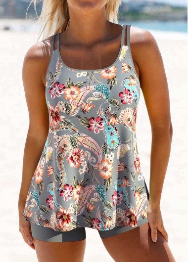 Grey swimwear,Paisley swimwear,ROTITA Patchwork Grey Paisley Print Tankini Set