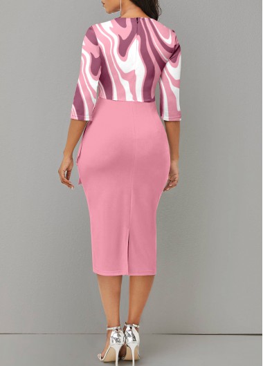 Light Pink dresses,Geometric dresses,Party dresses,Elegant dresses,ROTITA Asymmetry Geometric Print Light Pink Round Neck Dress