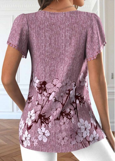 Dark Reddish Purple tops,Floral tops,Plants tops,ROTITA Embroidery Floral Print Dark Reddish Purple T Shirt