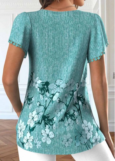 Mint Green tops,Floral tops,Plants tops,ROTITA Embroidery Floral Print Mint Green V Neck T Shirt