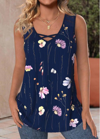Navy tops,Floral tops,Plants tops,ROTITA Lace Floral Print Navy V Neck Sleeveless Tank Top