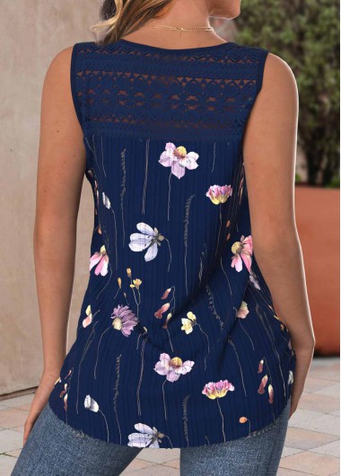 Navy tops,Floral tops,Plants tops,ROTITA Lace Floral Print Navy V Neck Sleeveless Tank Top