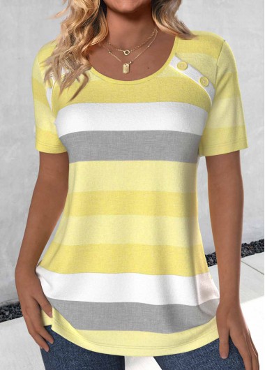 Light Yellow tops,Striped tops,Geometric tops,ROTITA Button Striped Light Yellow Round Neck T Shirt