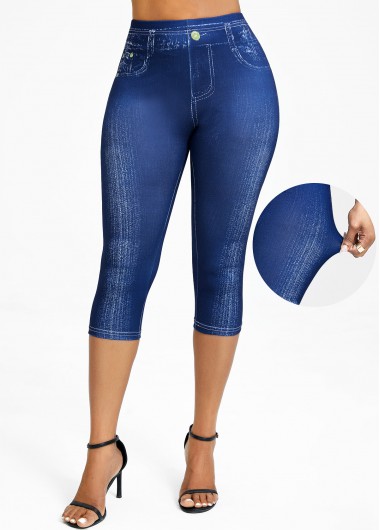 Denim Blue High Waisted Elastic Waist Capri Leggings, Rotita.com - USD  $9.98