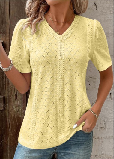 Light Yellow tops,Plain Color tops,ROTITA Patchwork Light Yellow V Neck Short Sleeve T Shirt