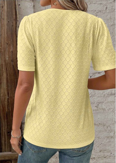 Light Yellow tops,Plain Color tops,ROTITA Patchwork Light Yellow V Neck Short Sleeve T Shirt