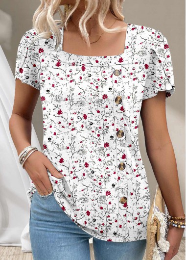 White tops,Ditsy Floral tops,Floral tops,Plants tops,ROTITA Button Ditsy Floral Print White Square Neck T Shirt