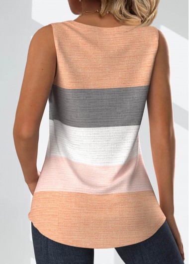 Dusty Pink tops,Striped tops,Geometric tops,Contrast Color tops,ROTITA Button Striped Dusty Pink Square Neck Sleeveless Tank Top