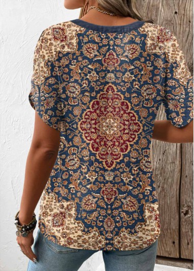 Multi Color tops,Tribal tops,ROTITA Split Tribal Print Multi Color Short Sleeve T Shirt