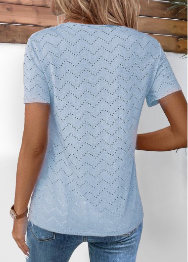 Light Blue tops,Plain Color tops,ROTITA Tuck Stitch Dusty Blue Round Neck T Shirt