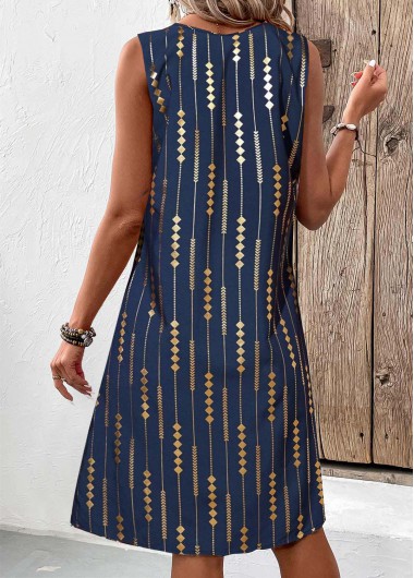 Blue dresses,Geometric dresses,Striped dresses,Everyday dresses,Casual dresses,ROTITA Hot Stamping Geometric Print Blue A Line Sleeveless Dress