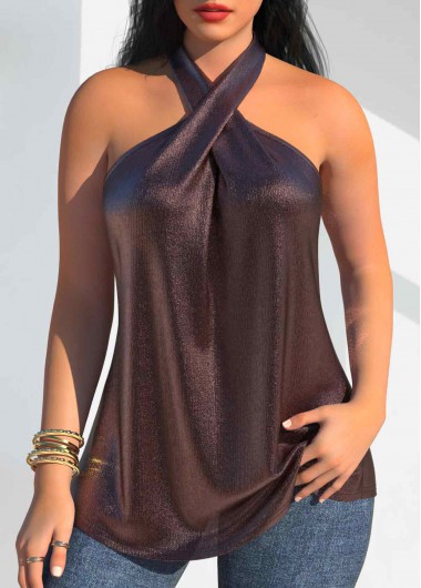 Dark Coffee tops,Plain Color tops,ROTITA Hot Stamping Dark Coffee Halter Sleeveless Tank Top