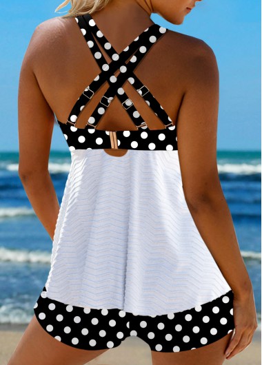White swimwear,Black swimwear,Dot swimwear,ROTITA Jacquard White Polka Dot Tankini Set