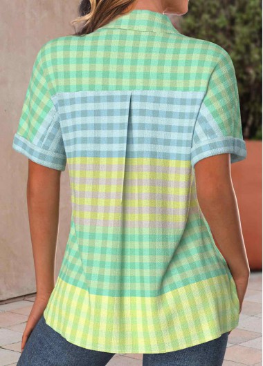 Multi Color tops,Green tops,Plaid tops,Striped tops,Geometric tops,ROTITA Pocket Plaid Multi Color Shirt Collar Short Sleeve Blouse