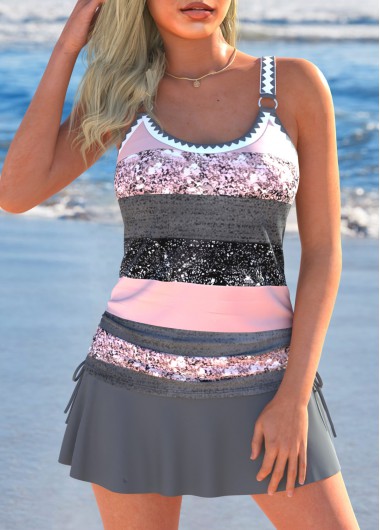 Dark Grey Marl swimwear,Pink swimwear,Striped swimwear,Geometric swimwear,Contrast Color swimwear,ROTITA Drawstring Dark Grey Marl Multi Stripe Print Tankini Set