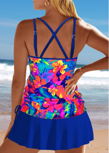 Royal Blue swimwear,Floral swimwear,Plants swimwear,ROTITA Criss Cross Royal Blue Floral Print Tankini Set