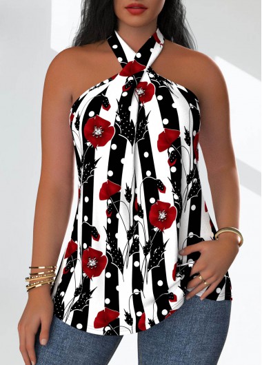 Black tops,Floral tops,Plants tops,ROTITA Criss Cross Floral Print Black Sleeveless Tank Top