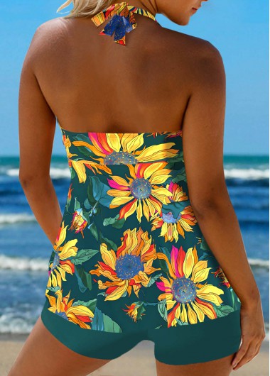 Blackish Green swimwear,Yellow swimwear,Floral swimwear,Plants swimwear,ROTITA Criss Cross Blackish Green Floral Print Tankini Set