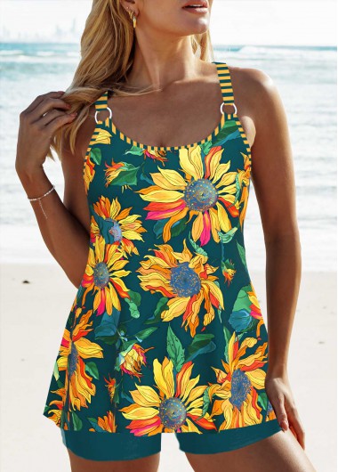 Blackish Green swimwear,Yellow swimwear,Floral swimwear,Plants swimwear,Striped swimwear,ROTITA Circular Ring Blackish Green Floral Print Tankini Set