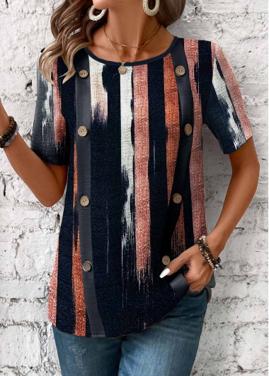 Navy tops,Striped tops,Geometric tops,ROTITA Button Multi Stripe Print Navy V Neck T Shirt