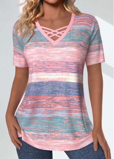 Pink tops,Striped tops,Geometric tops,ROTITA Criss Cross Striped Pink V Neck T Shirt