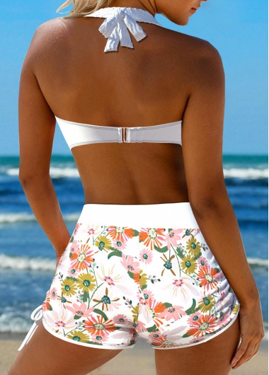 White swimwear,Floral swimwear,Plants swimwear,ROTITA Patchwork White Floral Print Bikini Set