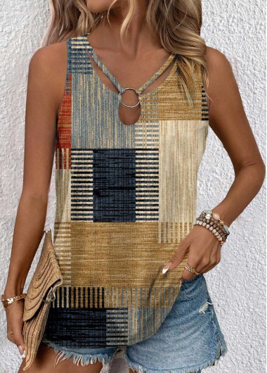 Multi Color tops,Geometric tops,Striped tops,ROTITA Cut Out Geometric Print Multi Color Sleeveless Tank Top