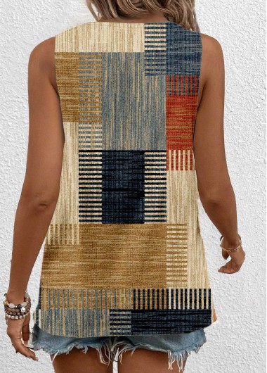 Multi Color tops,Geometric tops,Striped tops,ROTITA Cut Out Geometric Print Multi Color Sleeveless Tank Top