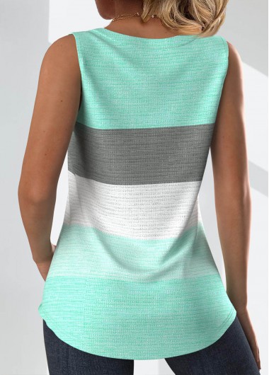 Mint Green tops,Striped tops,Geometric tops,ROTITA Button Striped Mint Green Square Neck Sleeveless Tank Top