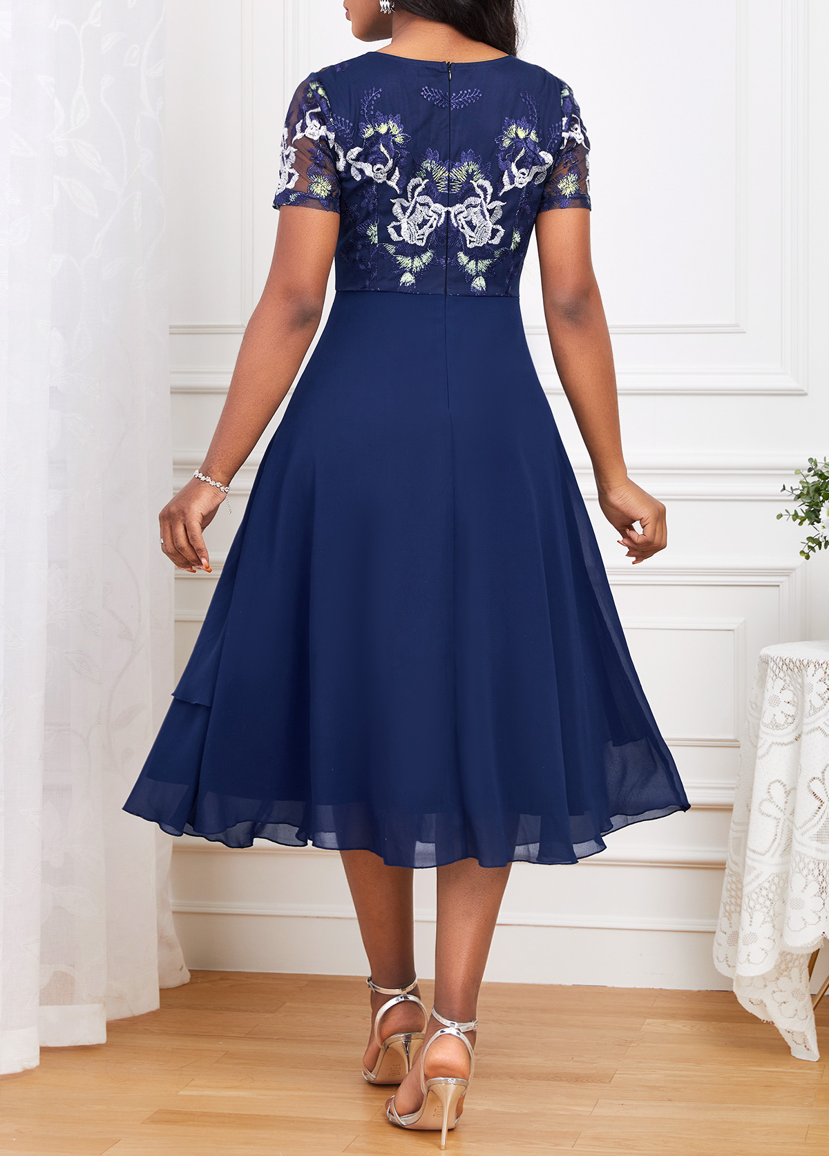 ROTITA Embroidery Navy Round Neck Short Sleeve Dress | Rotita.com - USD ...