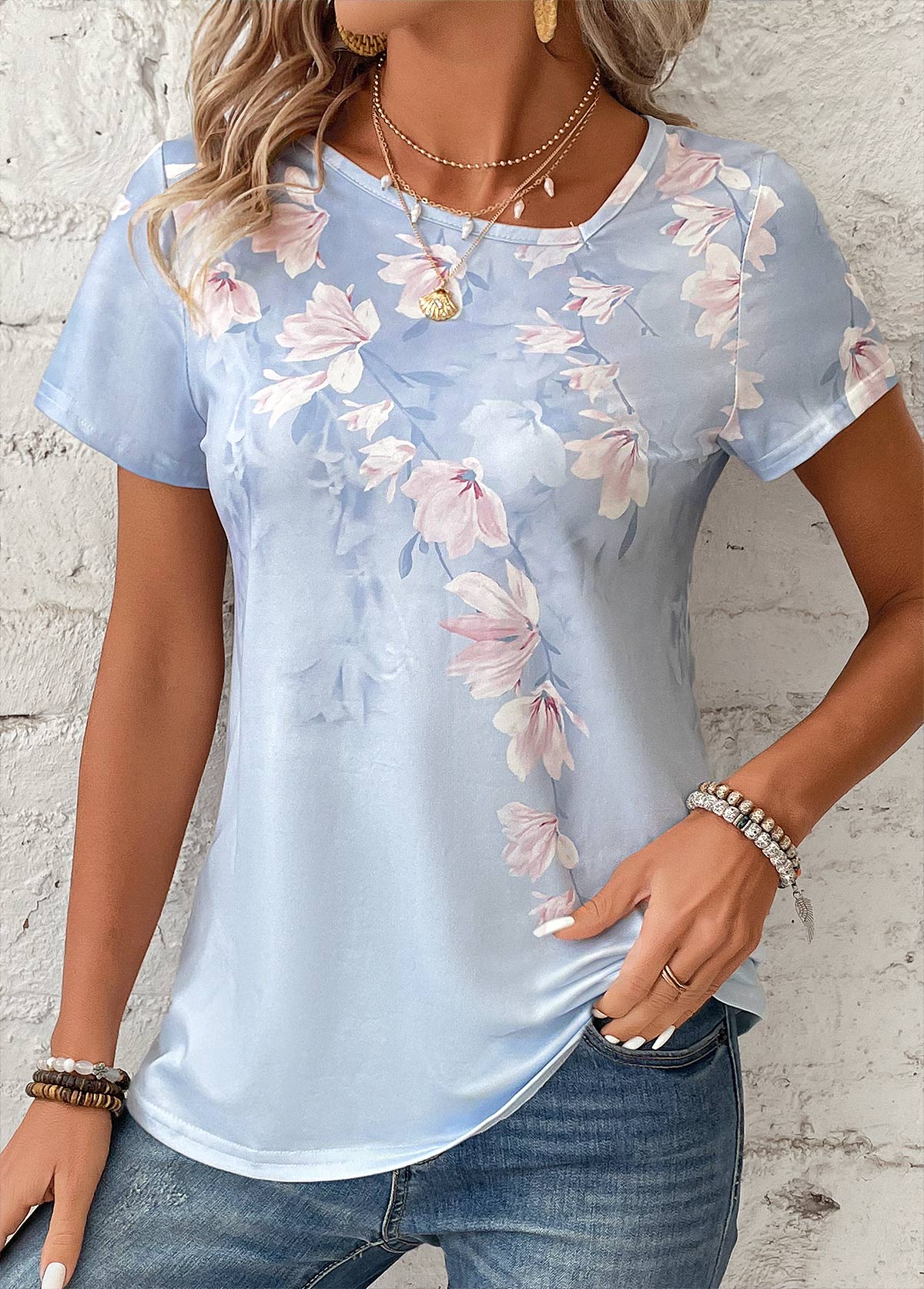Asymmetry Floral Print Light Blue Short Sleeve T Shirt