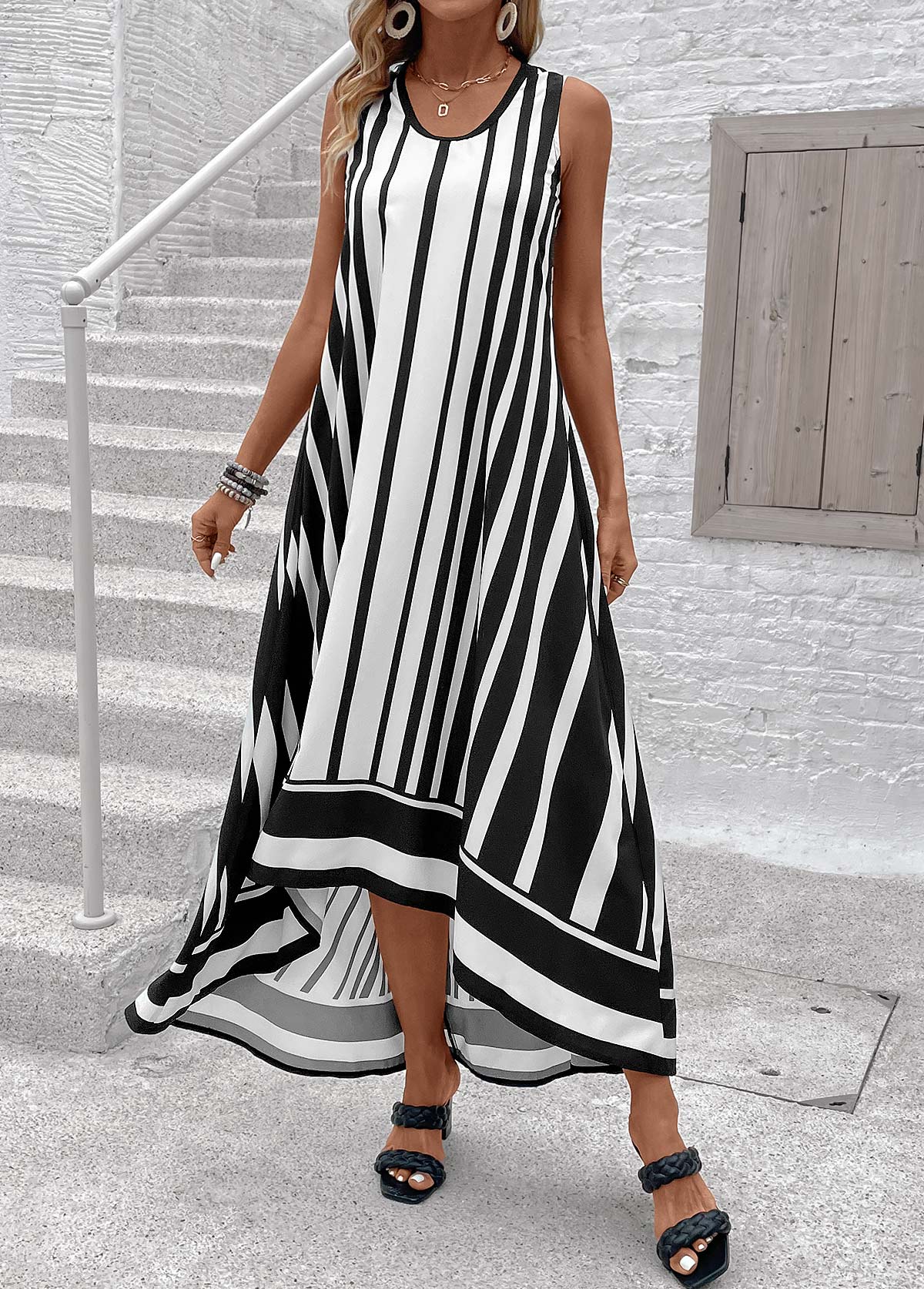 ROTITA Breathable Striped Black High Low A Line Sleeveless Dress