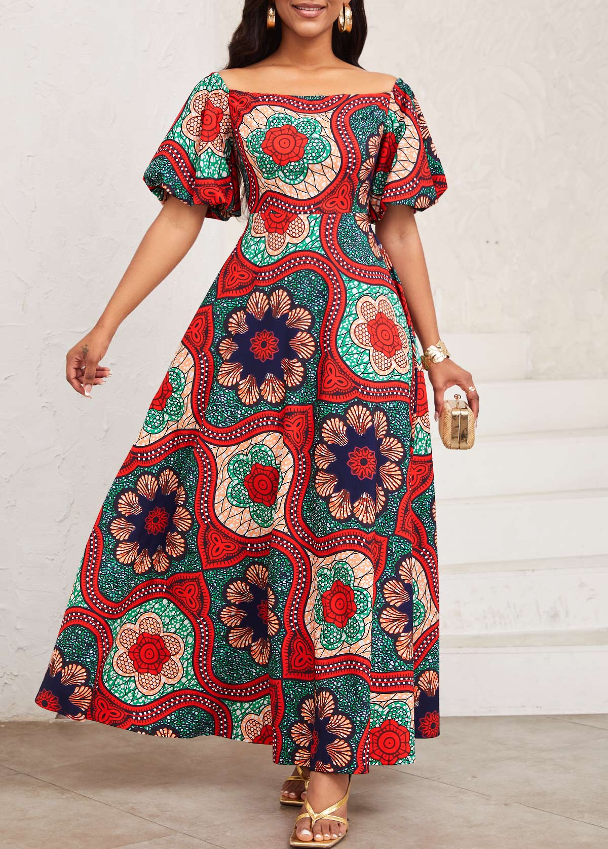 ROTITA Patchwork Tribal Print Multi Color Maxi Square Neck Dress