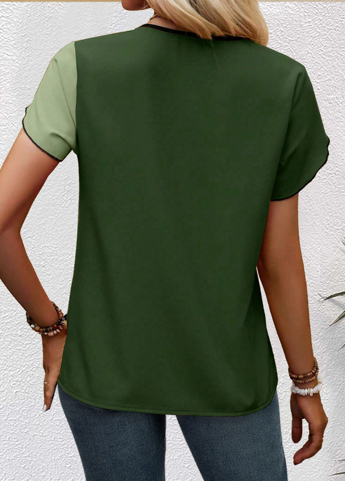 rotita patchwork vert col en v blouse à manches courtes