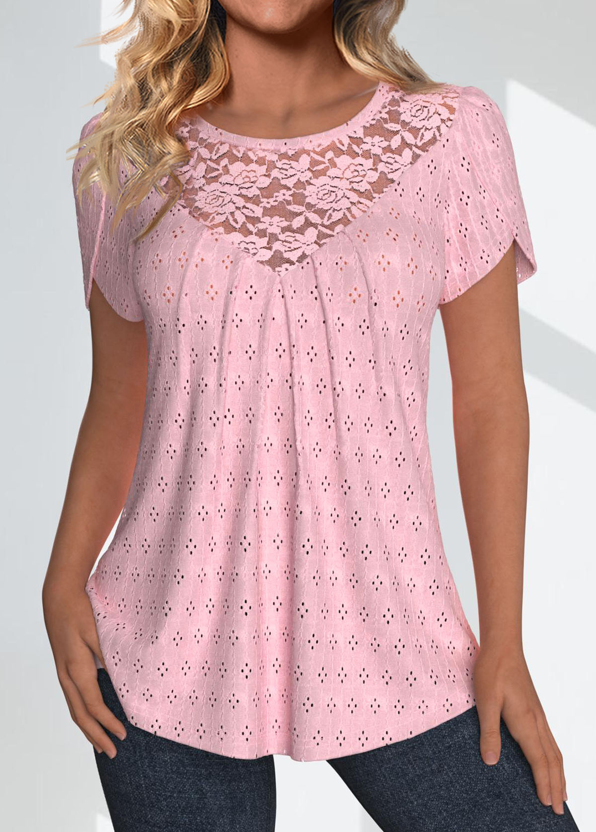 ROTITA Lace Light Pink Round Neck Short Sleeve T Shirt