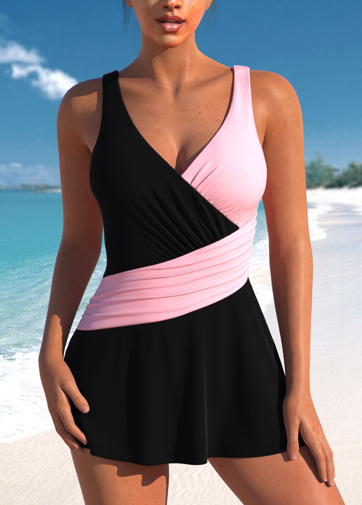 Black swimwear,Pink swimwear,Contrast Color swimwear,ROTITA Criss Cross Patchwork Black One Piece Swimdress