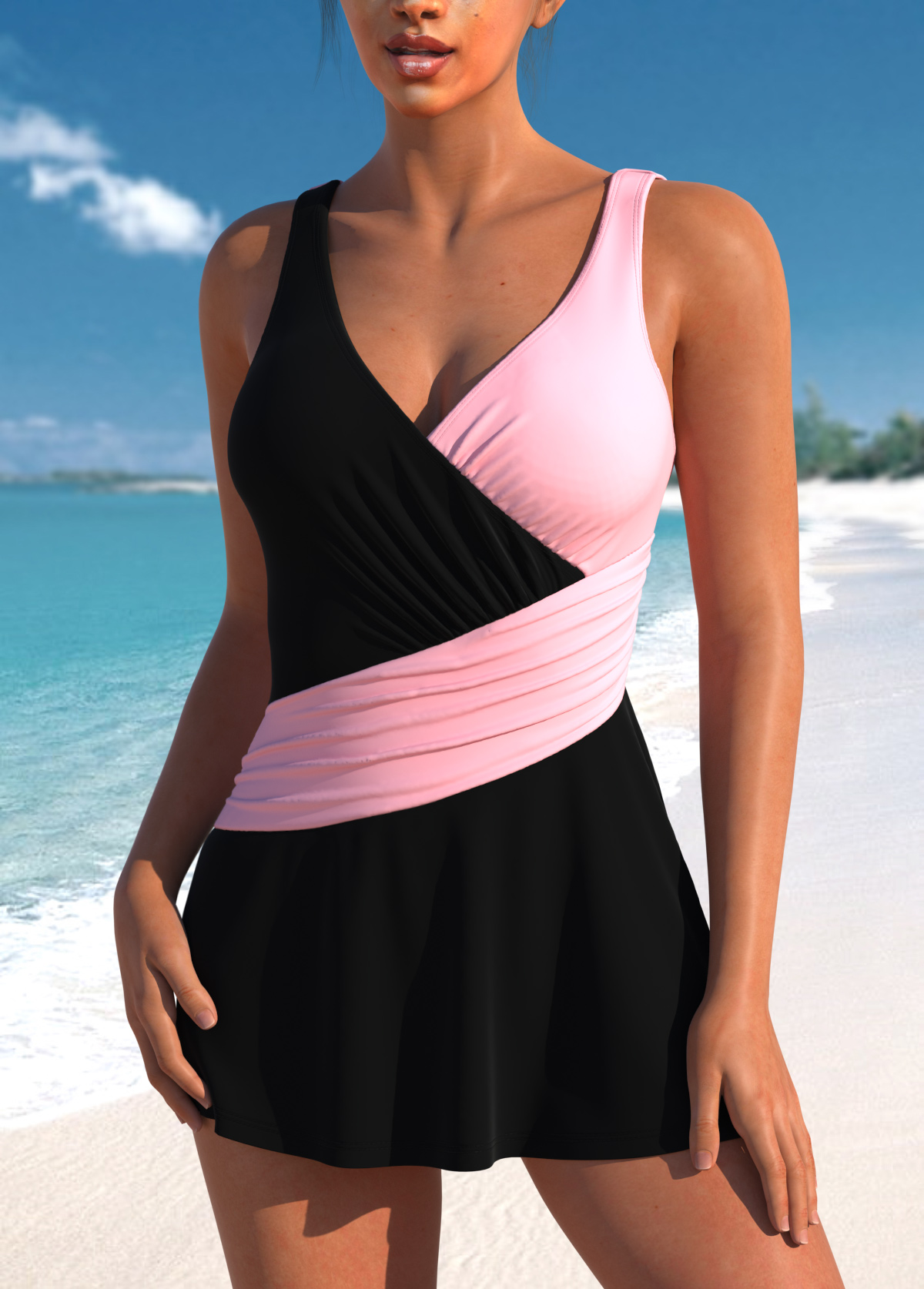 Black swimwear,Pink swimwear,Contrast Color swimwear,ROTITA Criss Cross Patchwork Black One Piece Swimdress