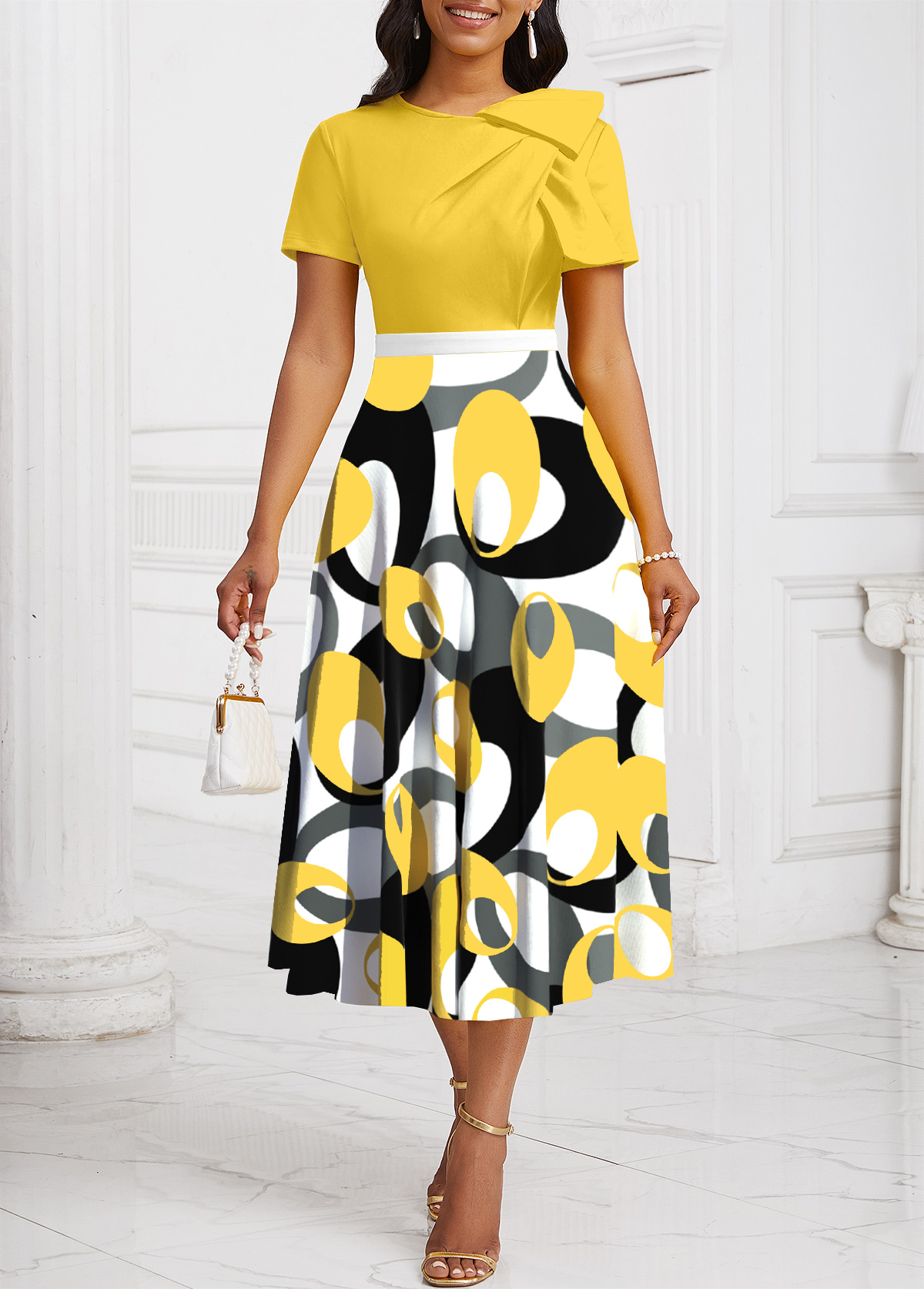 ROTITA Patchwork Geometric Print Yellow Round Neck Short Sleeve Dress