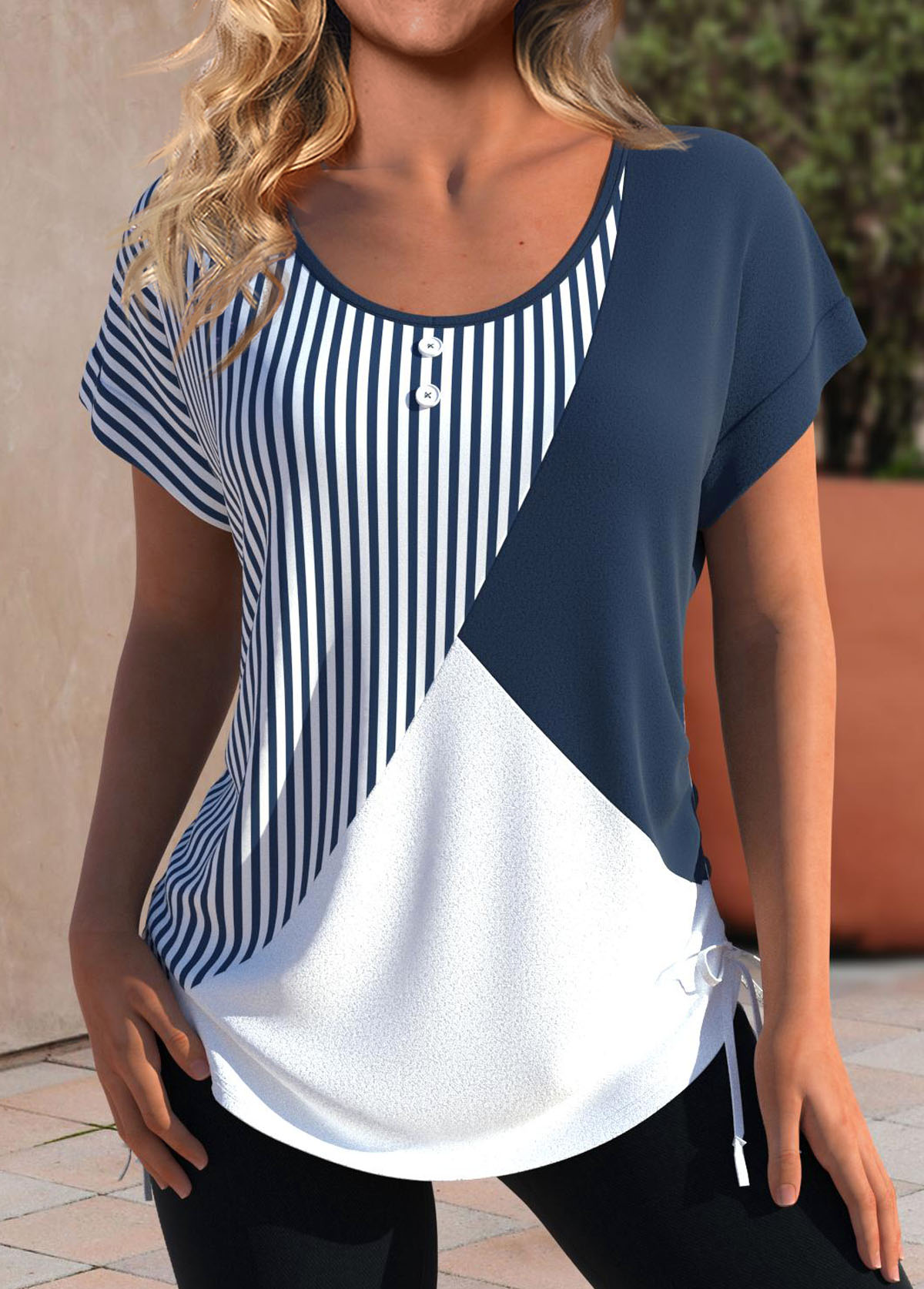 rotita patchwork rayé bleu marine col rond t-shirt à manches courtes