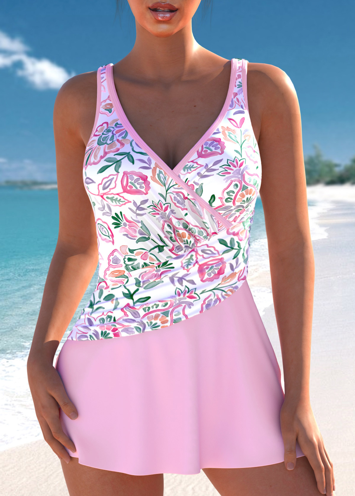 Light Pink swimwear,Floral swimwear,Plants swimwear,ROTITA Surplice Light Pink Floral Print One Piece Swimdress