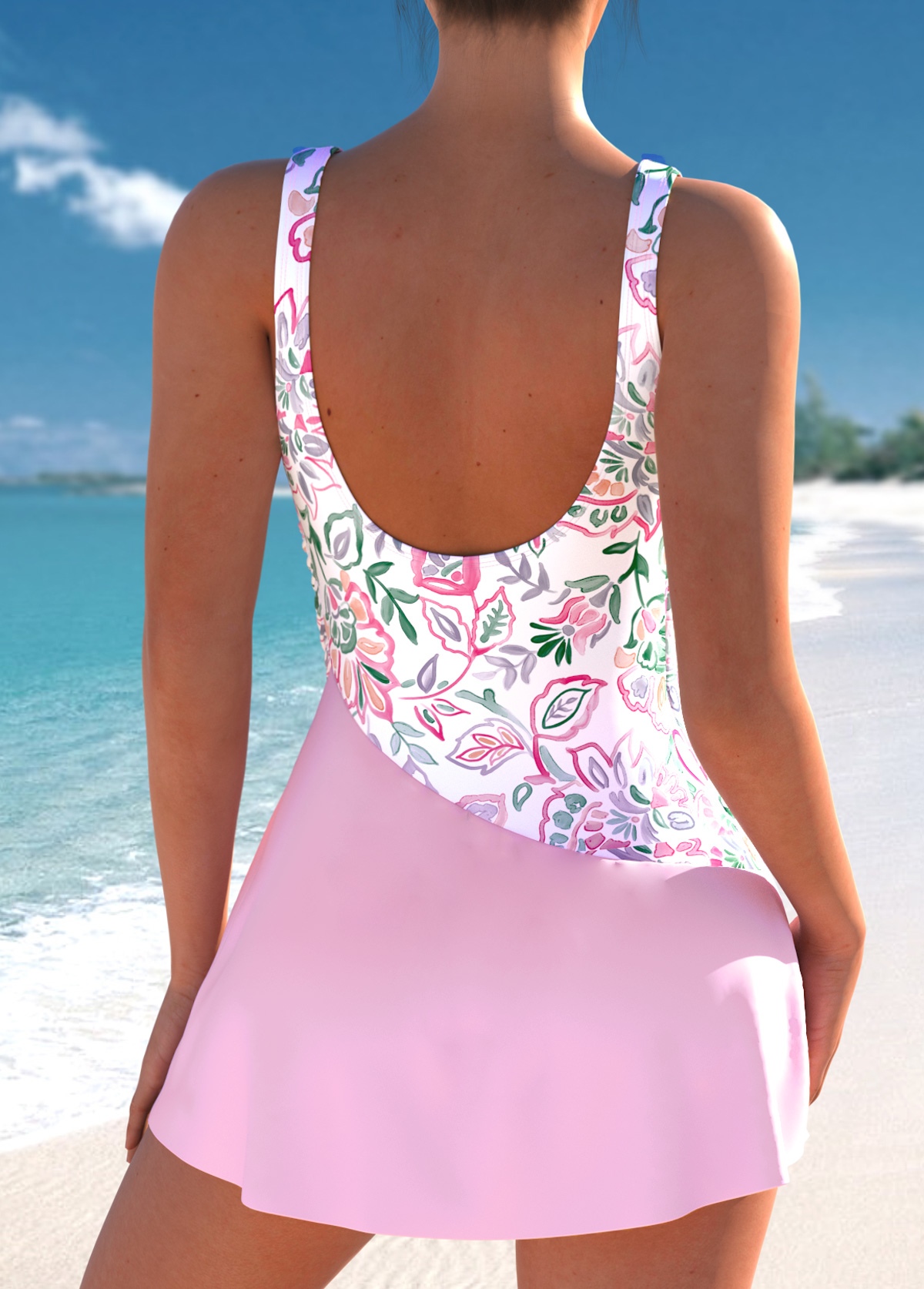 Light Pink swimwear,Floral swimwear,Plants swimwear,ROTITA Surplice Light Pink Floral Print One Piece Swimdress