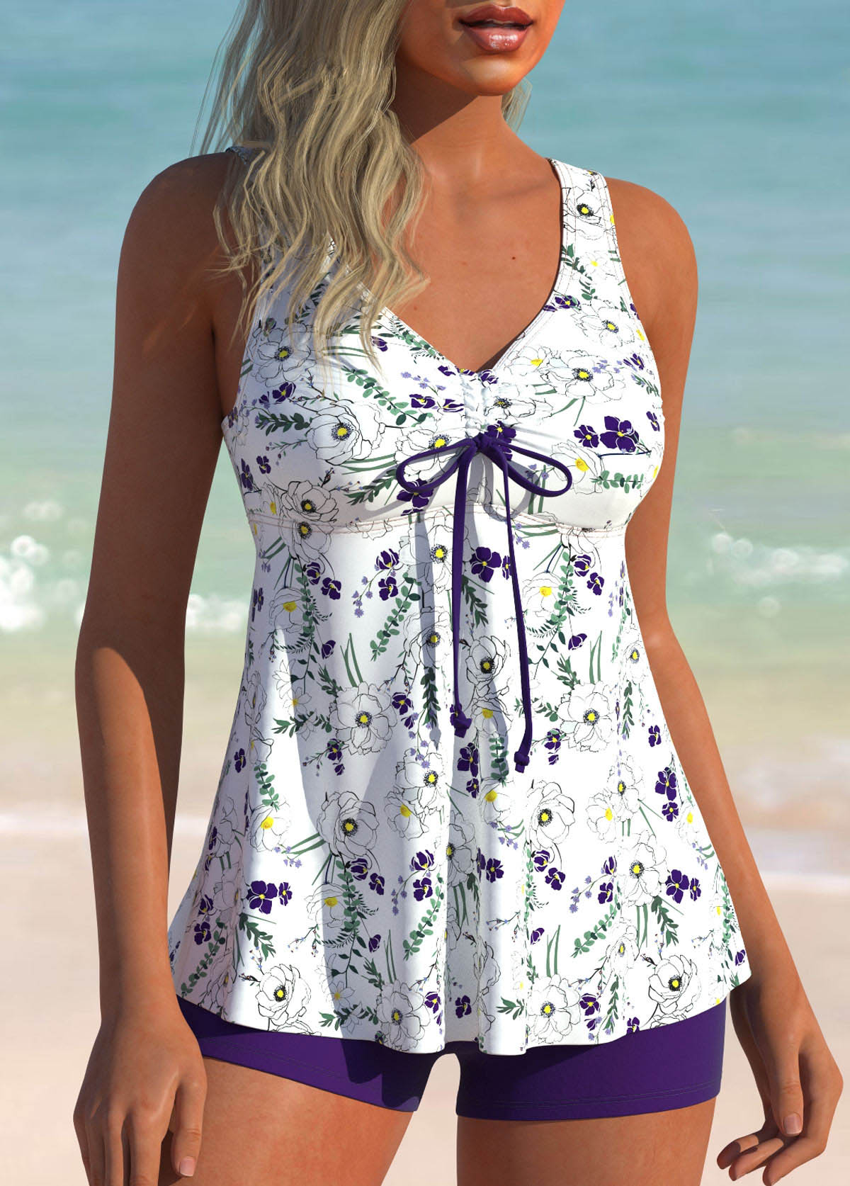 Purple swimwear,Floral swimwear,Plants swimwear,ROTITA Ruched Purple Floral Print Tankini Set
