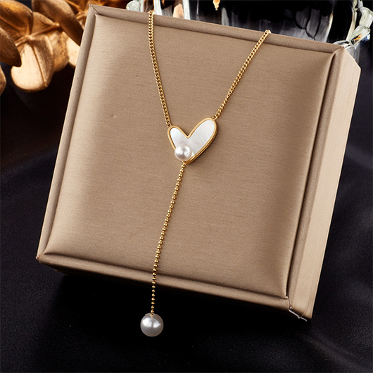 Heart Patchwork Gold Pearl Pendant Necklace