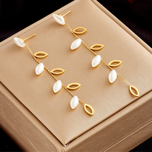 Leaf Hollow Geometric Pearl Gold Earrings