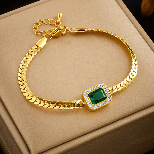 Blackish Green jewelry,Gold jewelry,Contrast Color jewelry,Rhinestone Detail Rectangle Blackish Green Bracelet