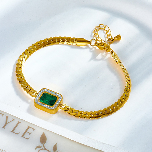 Blackish Green jewelry,Gold jewelry,Contrast Color jewelry,Rhinestone Detail Rectangle Blackish Green Bracelet