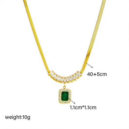 Blackish Green jewelry,Gold jewelry,Contrast Color jewelry,Rhinestone Detail Square Blackish Green Necklace
