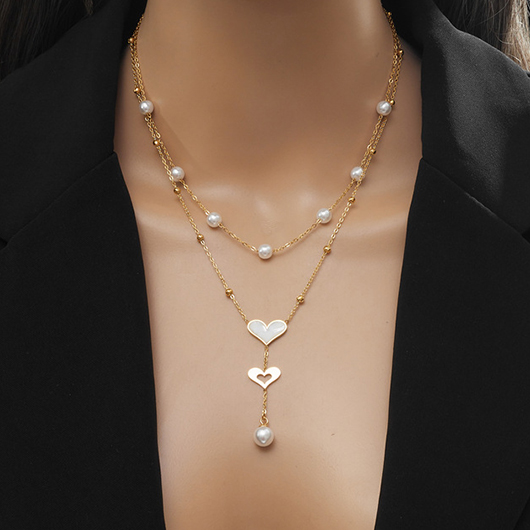 Heart Layered Pearl Gold Alloy Necklace