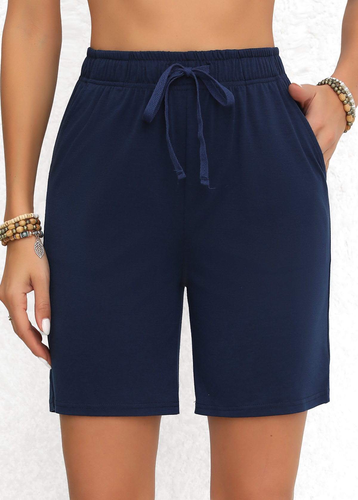 Double Side Pockets Navy Elastic Waist High Waisted Shorts
