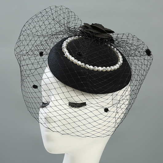 Mesh Floral Design Round Pearl Black Hat